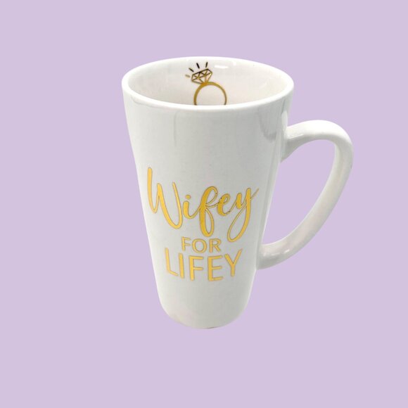 NWT WIFEY FOR LIFEY TALL WHITE & GOLD CERAMIC MUG WEDDING BRIDE GIFT RING - Picture 3 of 6